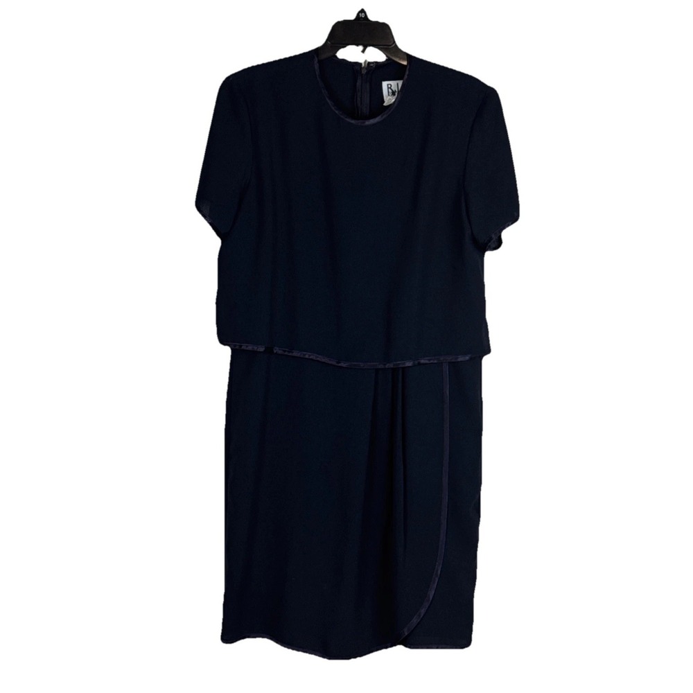 R.J. & Co. Womens Tiered‎ Shift Dress 10 Navy Blue Polyester Satin Trim Classic